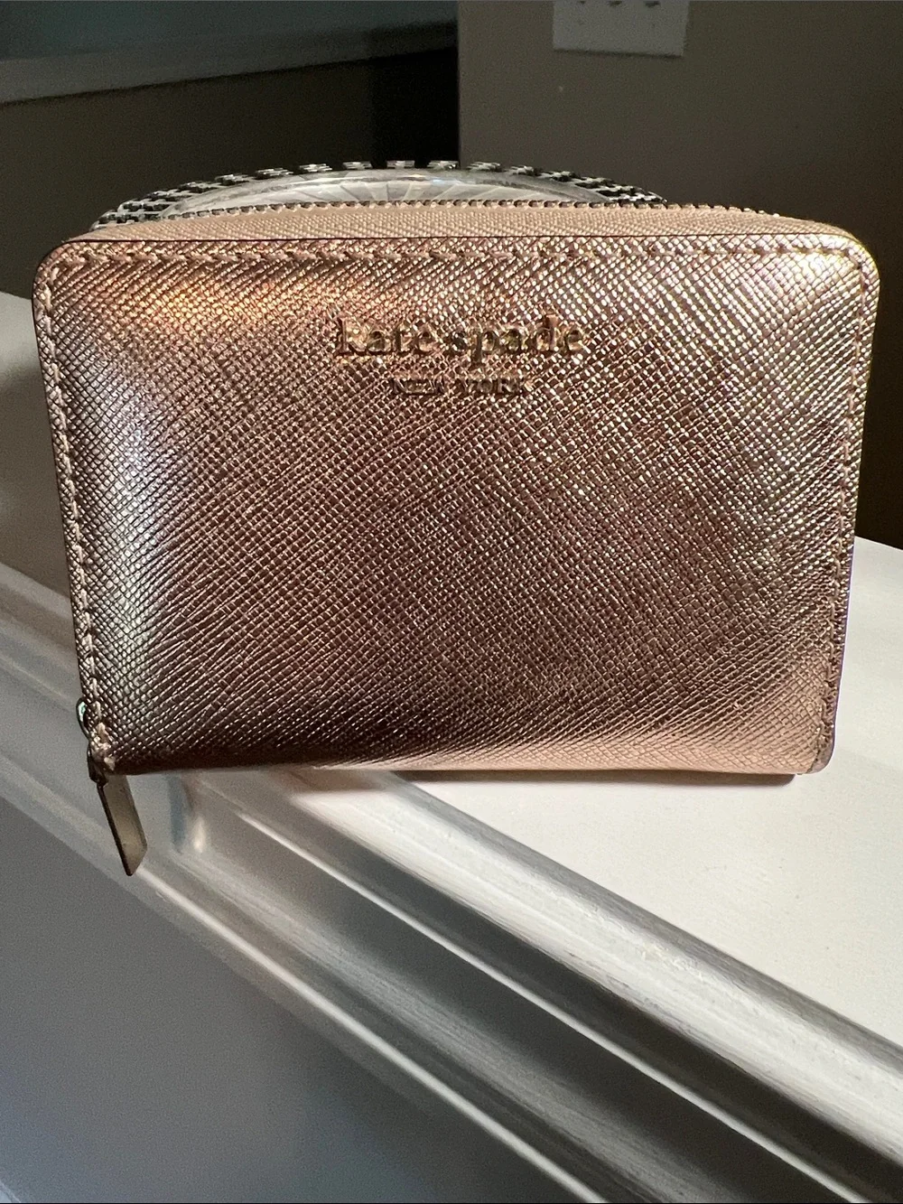 kate spade Metallic Rose Gold Saffiano Zip Wallet
